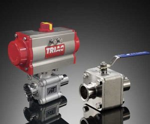 A red and metallic valve with Triac logo at the center