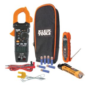 Klein tools kit containing a flashlight, clamp meter, thermometer and voltage tester