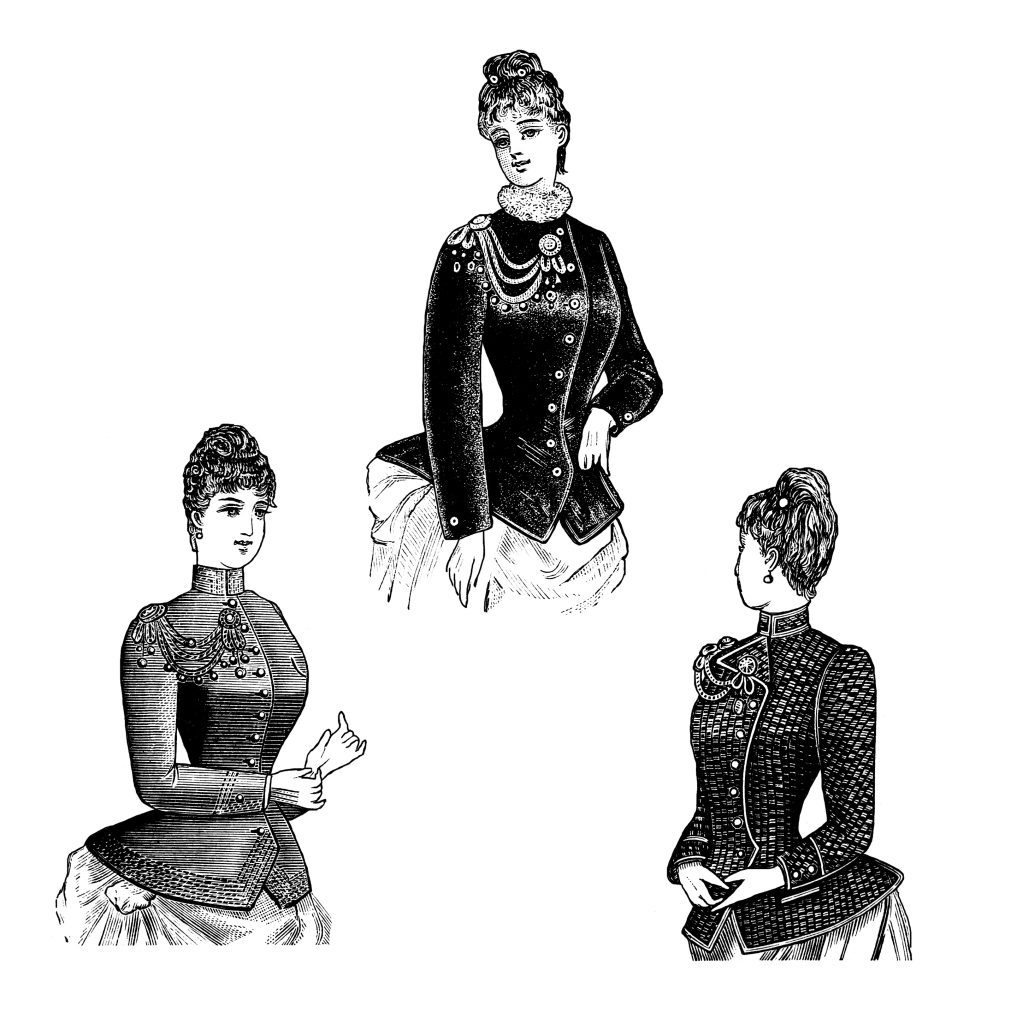drawing of 3 women with hoop skirts