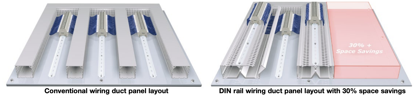 comparison between a conventional wiring duct panel layout and a DIN rail wiring duct panel layout